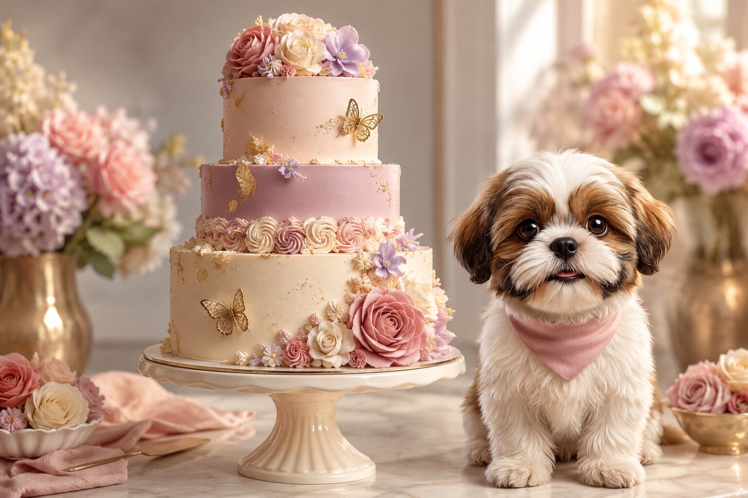 Pastel artístico de tres pisos en tonos dusty rose, crema y dorado, acompañado de Tito, la mascota de Dulce Aury
