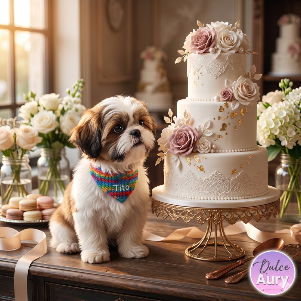 Pastel con rosas acompañado de Tito, la mascota de Dulce Aury